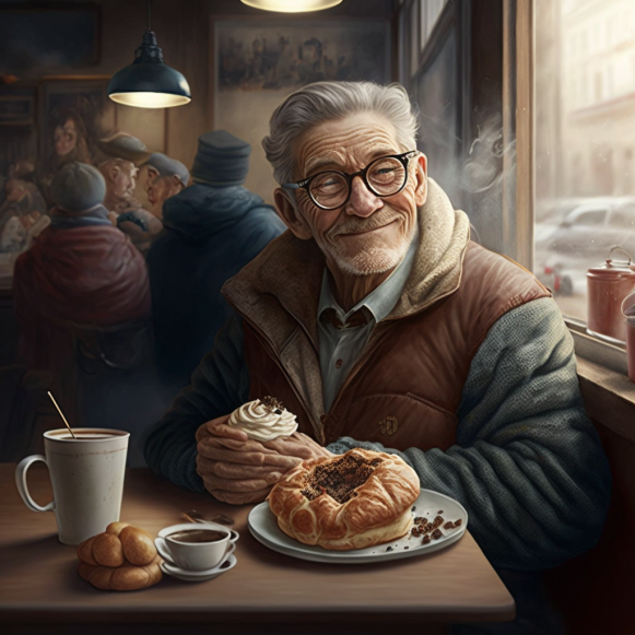 Vanha harmaahiuksinen mies istuu kahvilassa, hänen edessään on leivonnaisia ja kahvi- sekä espressokuppi. Miehellä on yllään fleecepaita sekä nahkainen ja vuorellinen ruskea liivi. Mies hymyilee ja hänellä on silmälasit, hänen kädessään on kuorrutettu muffinssi. Taustalla muita ihmisiä.