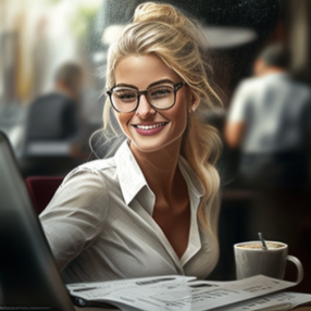 Silmälasipäinen, vaaleahiuksinen nainen valkoisessa kauluspaidassa. Nainen istuu kahvilassa tietokoneen äärellä hymyillen, kahvikuppi ja dokumentteja pöydällä.