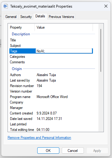 Kuvakaappaus Wordin tiedoston Ominaisuus-ikkunasta Yksityiskohdat-välilehdeltä, jossa Tagi-ominaisuudelle voi kirjoittaa arvoksi ”NoAI”. 