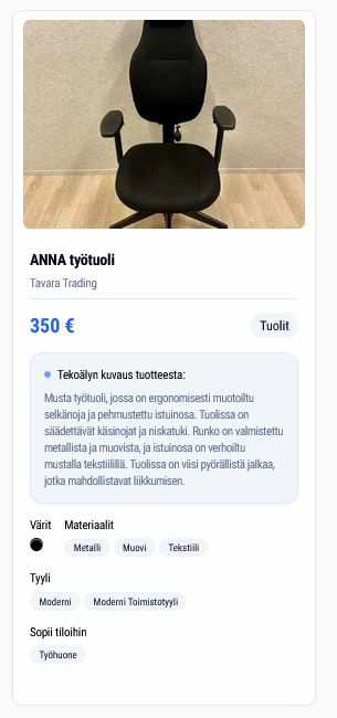 Kuvassa tekoälyn löytämä tuoli ja sen kuvaus hakuun Etsin säädettävää mustaa tuolia.