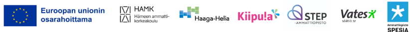 Logot: EU:n osarahoittama, HAMK, Haaga-Helia, Kiipula, Step-ammattiopisto, Vates-säätiö, Ammattiopisto Spesia