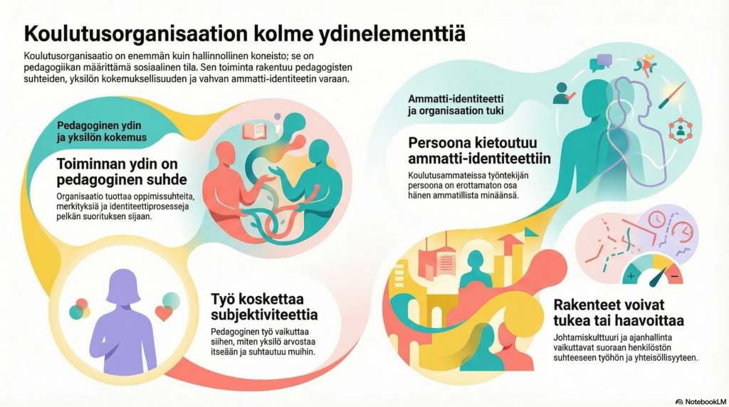 Kuvassa näkyvät koulutusorganisaation kolme ydinelementtiä.