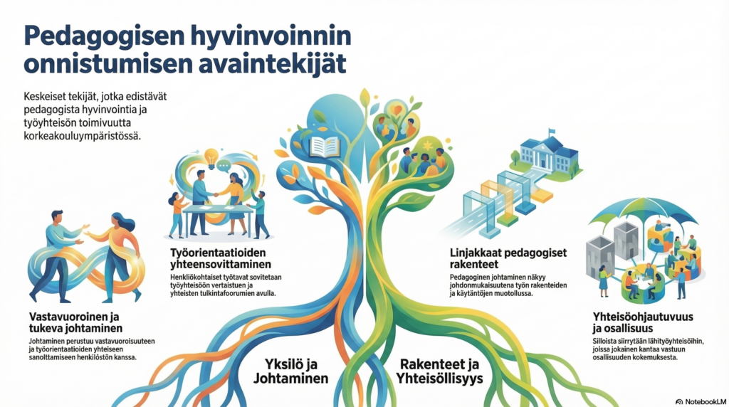 Kuvassa ilmenevät pedagogisen hyvinvoinnnin onnistumisen avaintekijät