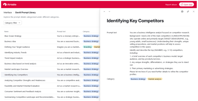 The picture shows user interface of the Prompt library.