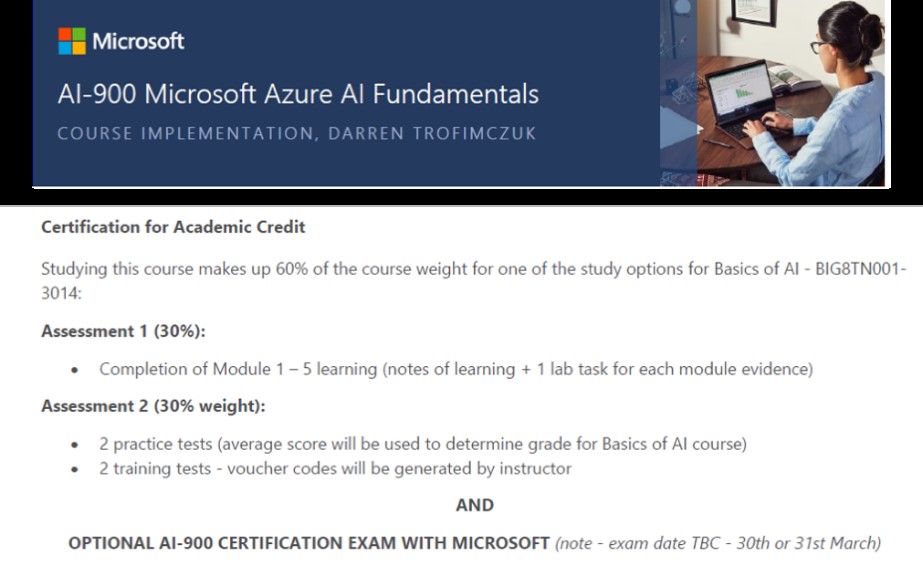 Description of assessment scheme for the course Basics of AI. The Microsoft AI-900 course can have a weight of 60% on the course grade.