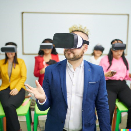 Ryhmä ihmisiä luokkahuoneessa VR-laseihin pukeutuneena